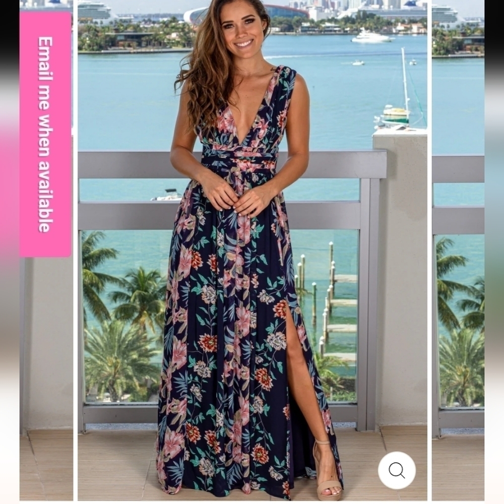 SOIEBLUE NAVY FLORAL PRINTED MAXI DRESS WITH SIDE SLIT, SZ LARGE